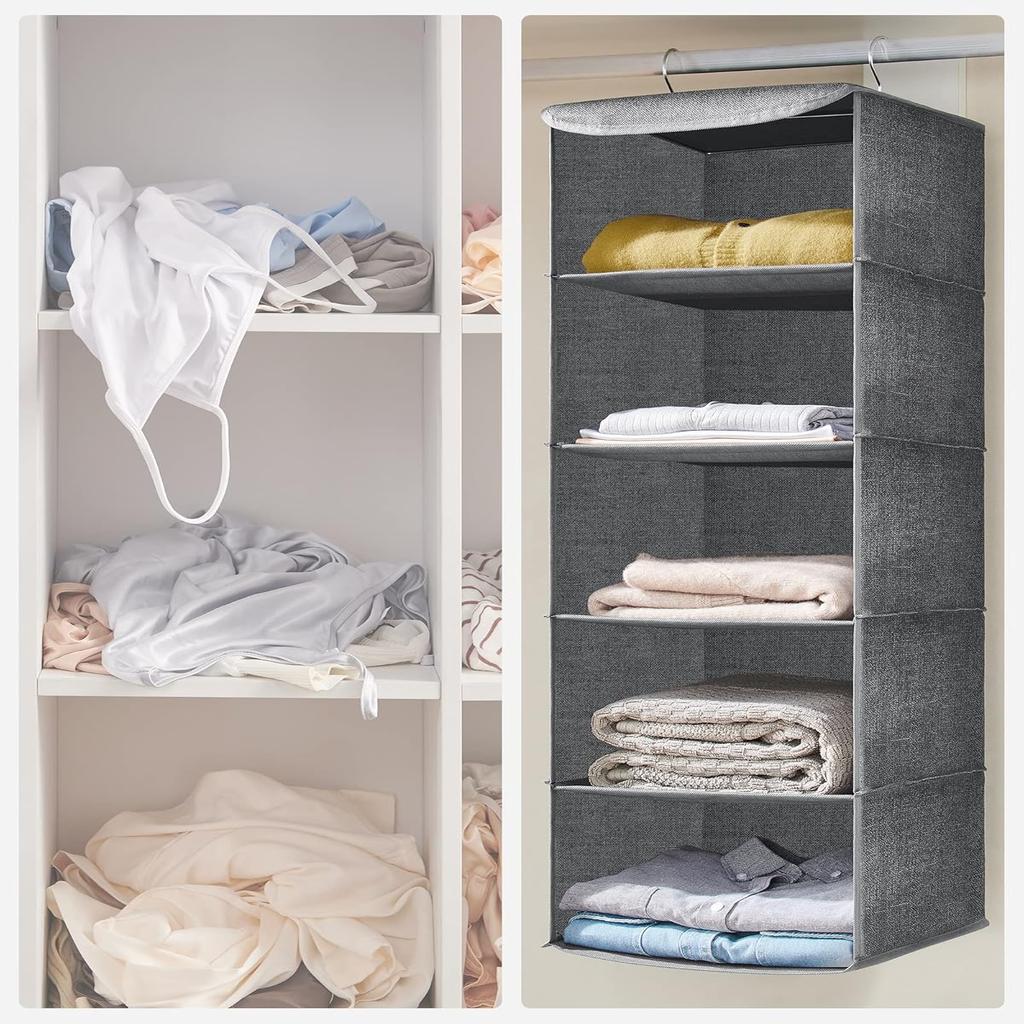 SONGMICS Hanging Organizer, Closet Organizer, Hanging Shelf, Hanging Storage, Foldable and Space-Saving, Metal Hooks and Bamboo Inserts, Linen-Like Texture, Gray RYCH06G