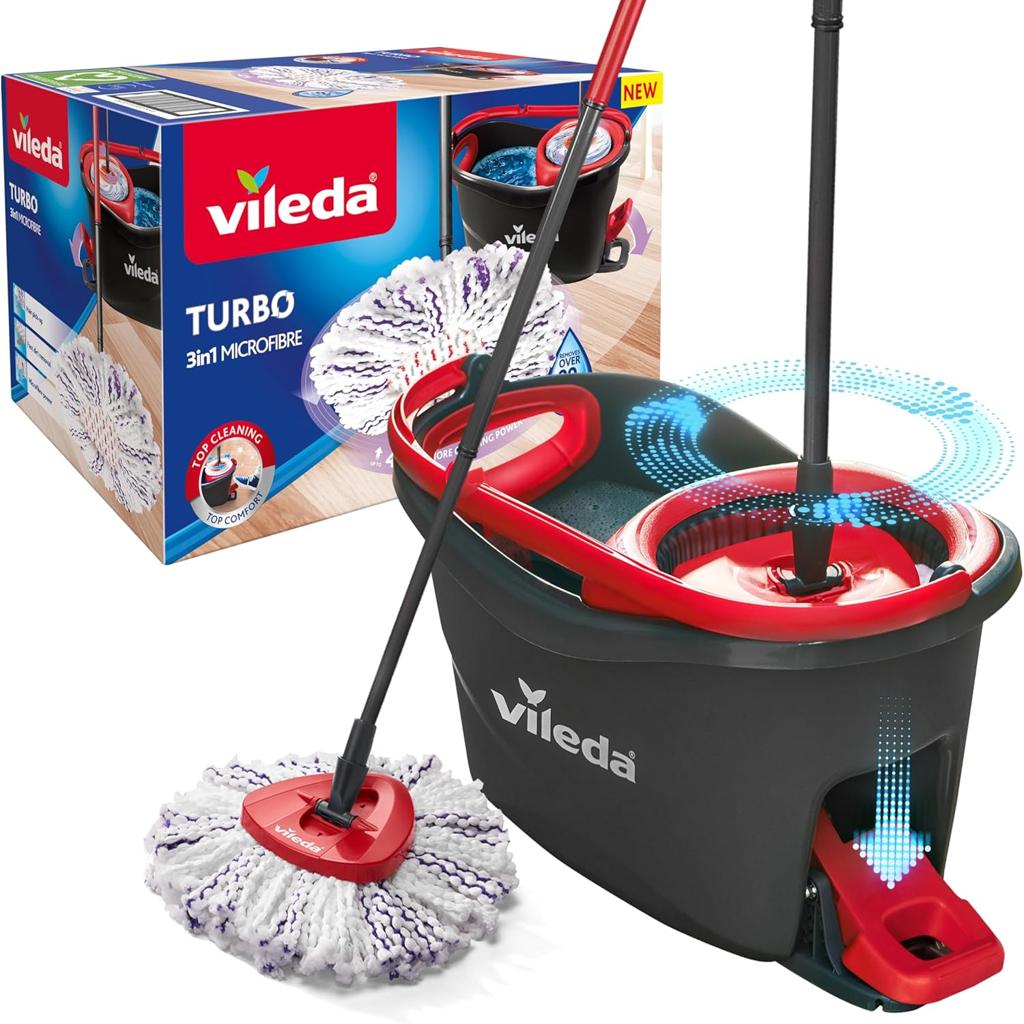 Vileda Turbo 3 in 1 with Microfibre Pad, Spin Mop For Cleaning Floors, Set Of 1x Mop And 1x Bucket, Black/Red