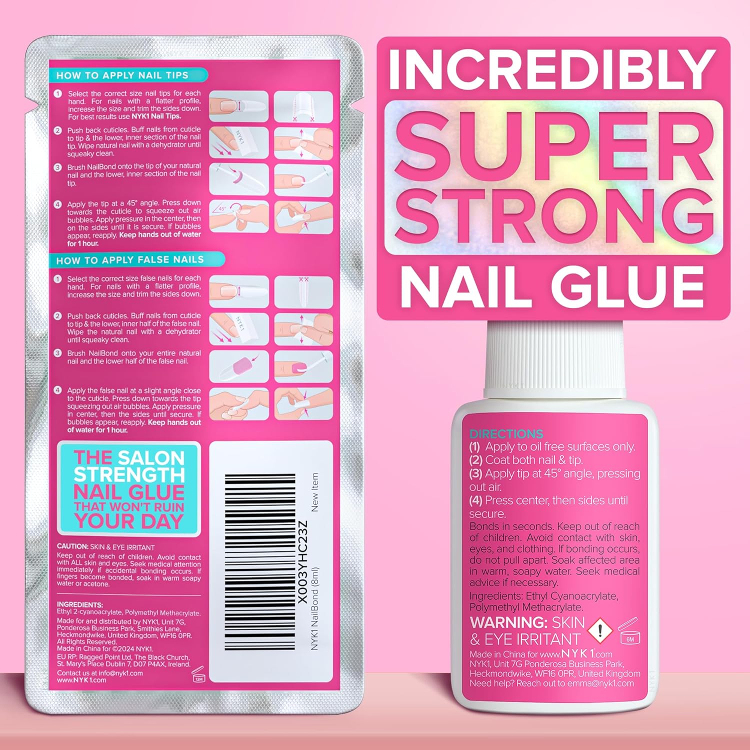 Super Strong Nail Glue for Press On Nails, Tips & False Nails (8ml) NYK1 NailBond Brush On Nail Glue Extra Strong for Press Ons, Tips & Acrylics - Long Lasting, Maximum Strength, Mess-Free Application