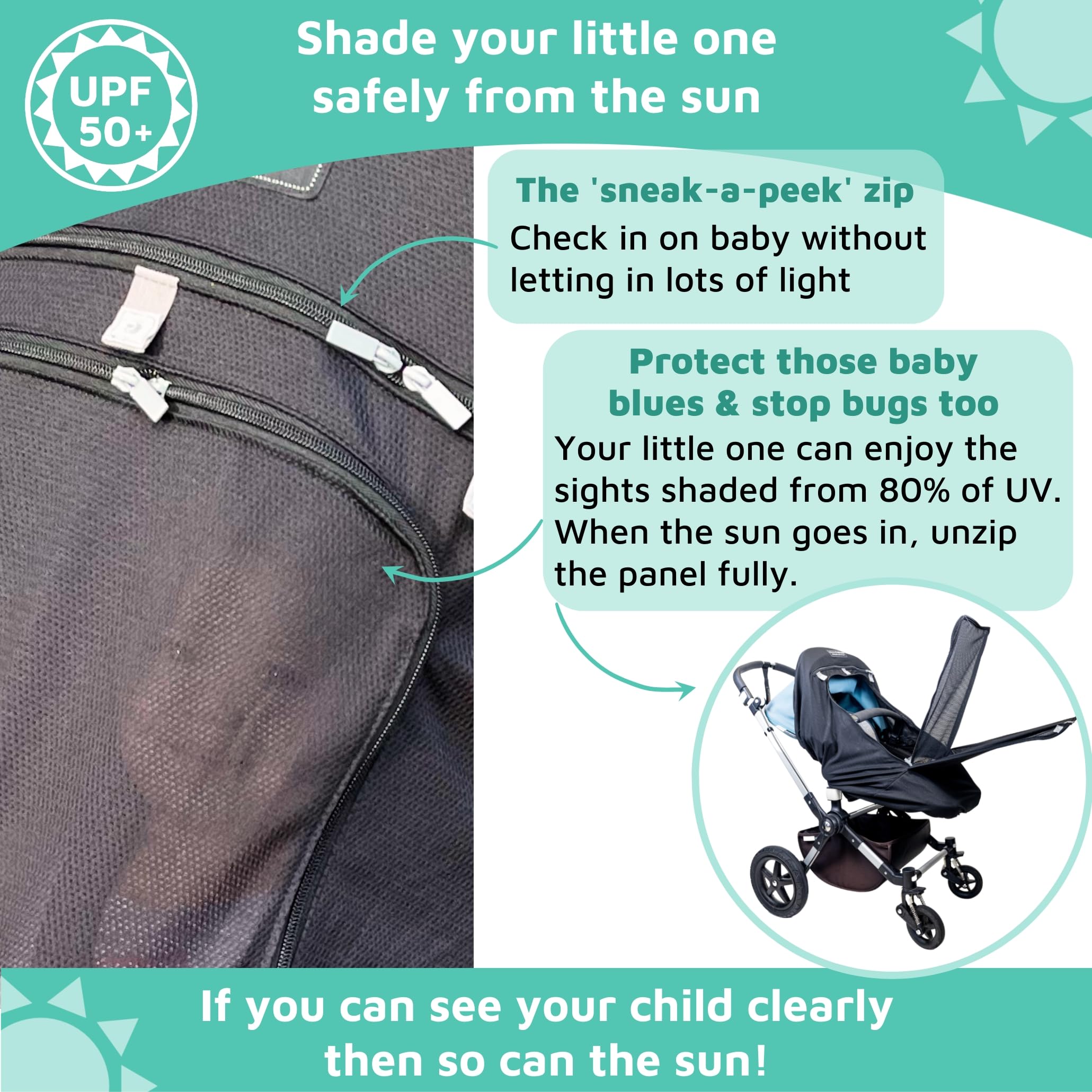 SnoozeShade Plus Extra Stroller Sun Shade & Mosquito Net – Breathable Mesh with Peek‑a‑Boo Window – Universal Fit for Travel, Umbrella & Jogging Strollers – Blocks 99% UV