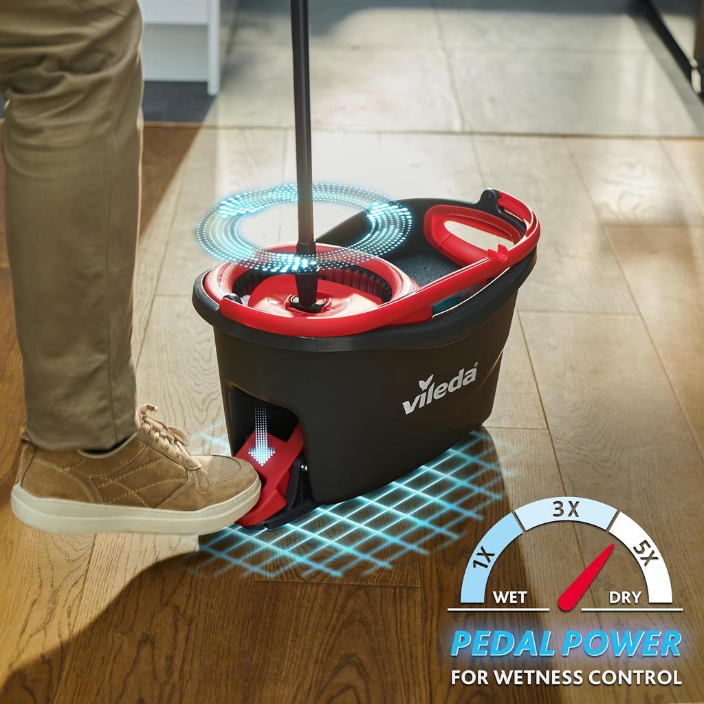 Vileda Turbo Microfibre Mop and Bucket Set, Spin Mop for Cleaning Floors, Set of 1x Mop and 1x Bucket,Grey/Red,48.5 x 27.5 x 28 cm