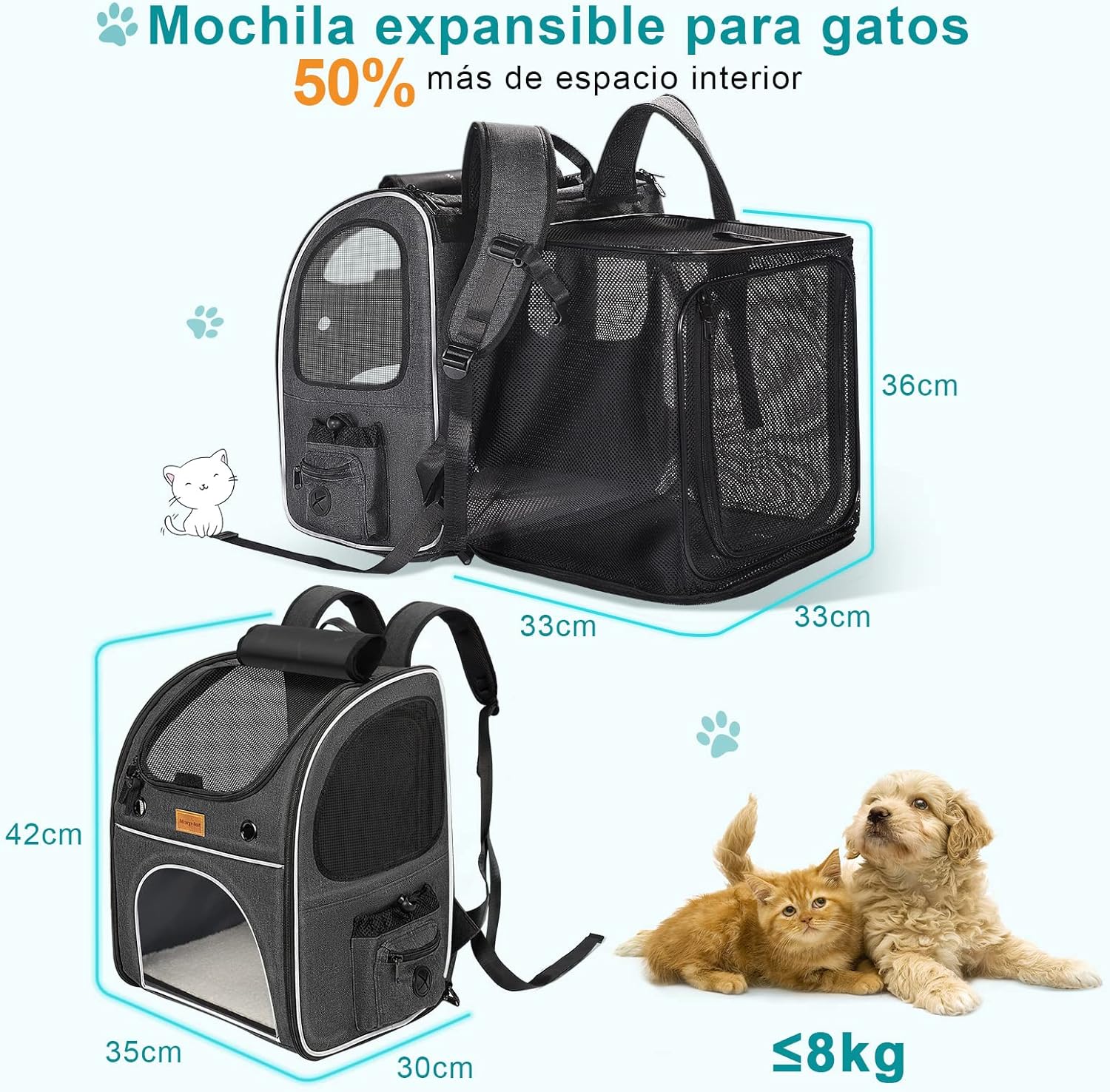 morpilot Pet Carrier Backpack, Morpilot Expandable & Foldable Cat Backpack Inner Safety Leash + Folding Dog Bowl, Waterproof and Durable Dog Backpack for Cats and Small Dogs up to 8 kg