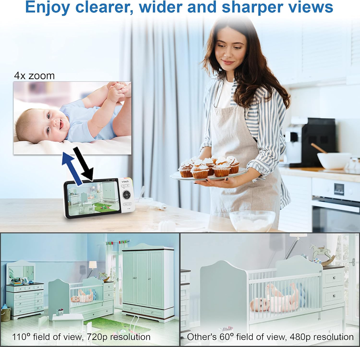 VTech VM818HD Baby Monitor with Camera,HD No-Glare Night Vision,Video Baby Monitor with 5'' 720p HD Display,Night Light,110°Wide-Angle View,True-Colour Day Vision 300m Range,2-Way Talk White