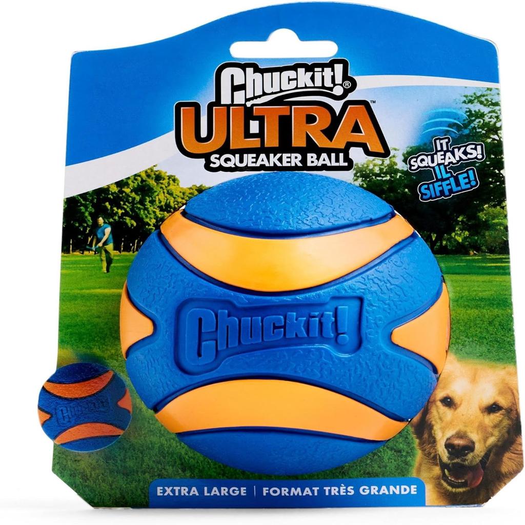 ChuckIt! Ultra Squeaker Ball Dog Toy, Durable High Bounce Floating Rubber Squeaky Dog Ball, Launcher Compatible Toy For Dogs, 1 Pack, X-Large