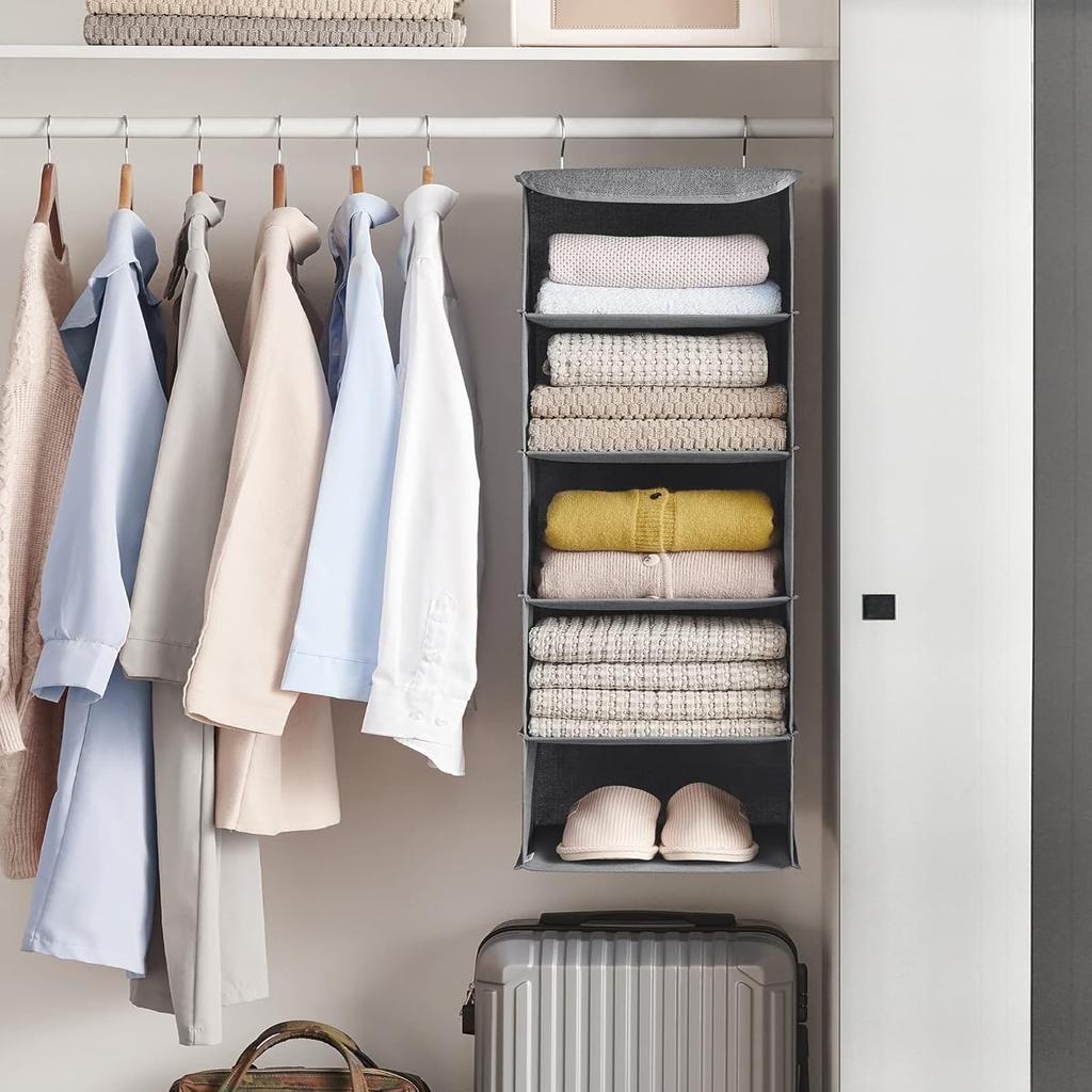 SONGMICS Hanging Organizer, Closet Organizer, Hanging Shelf, Hanging Storage, Foldable and Space-Saving, Metal Hooks and Bamboo Inserts, Linen-Like Texture, Gray RYCH06G