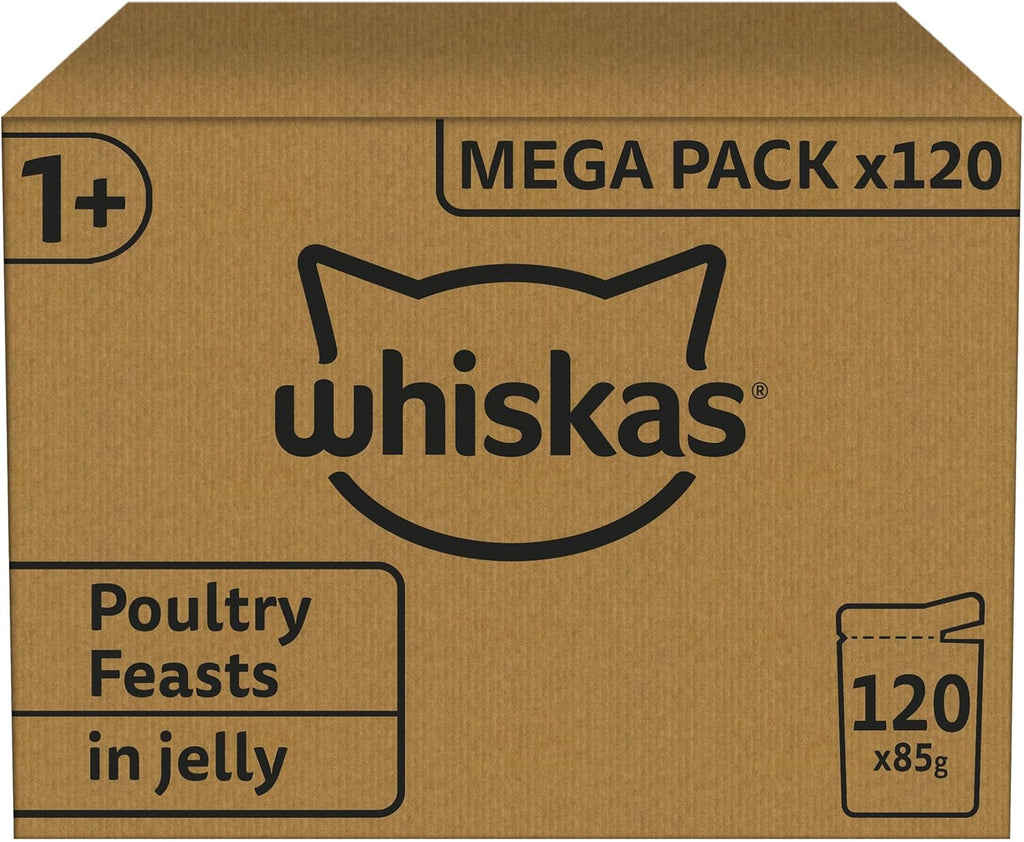 Whiskas 1+ Adult Wet Cat Food Poultry Selection in Jelly 120 x 85g Pouches Megapack, Tender Cuts in Flavoured Gravy, Nutritionally Complete, Easy to Serve, Variety Pack for Adult Cats