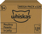 Whiskas 1+ Adult Wet Cat Food Poultry Selection in Jelly 120 x 85g Pouches Megapack, Tender Cuts in Flavoured Gravy, Nutritionally Complete, Easy to Serve, Variety Pack for Adult Cats
