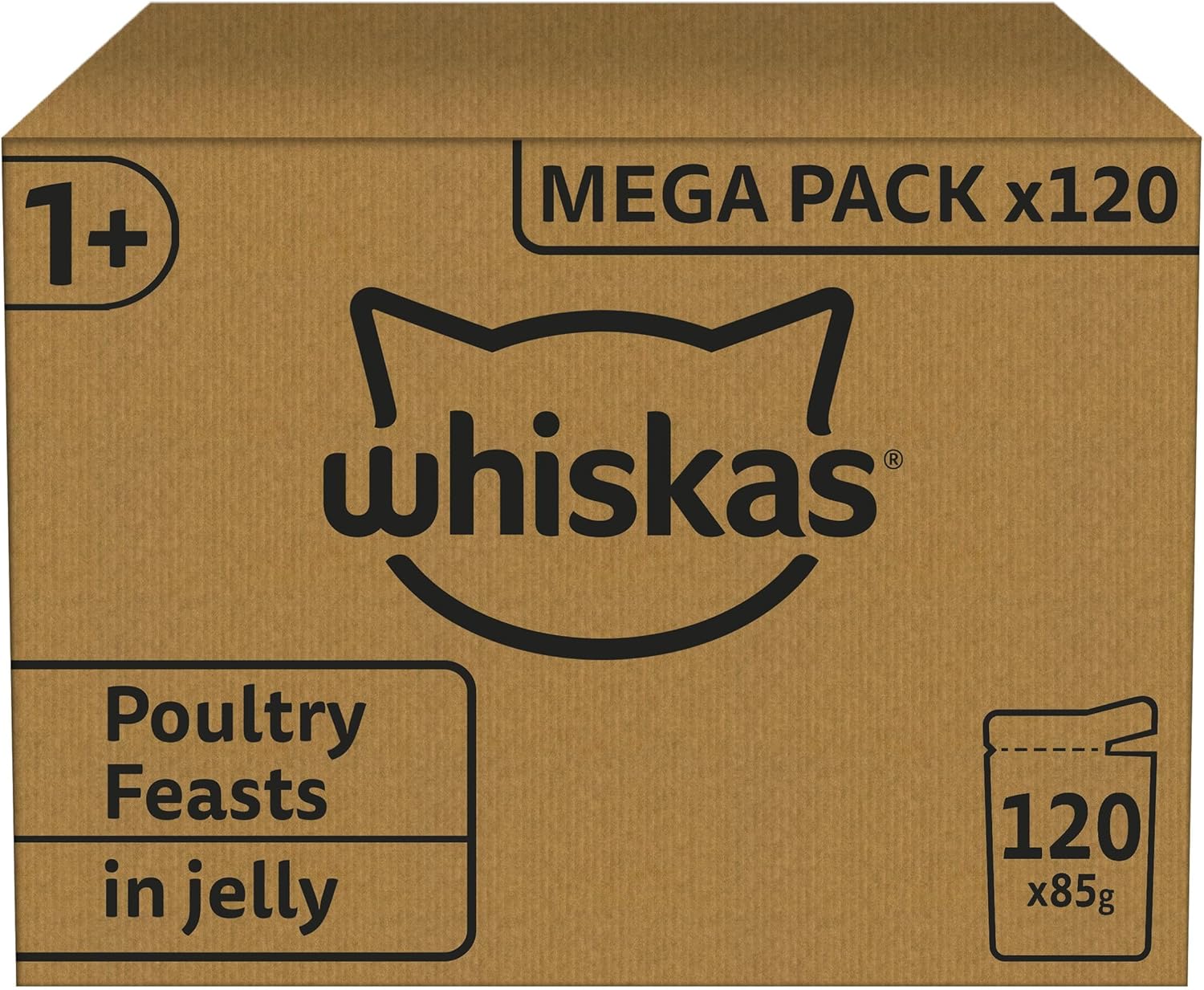 Whiskas 1+ Adult Wet Cat Food Poultry Selection in Jelly 120 x 85g Pouches Megapack, Tender Cuts in Flavoured Gravy, Nutritionally Complete, Easy to Serve, Variety Pack for Adult Cats