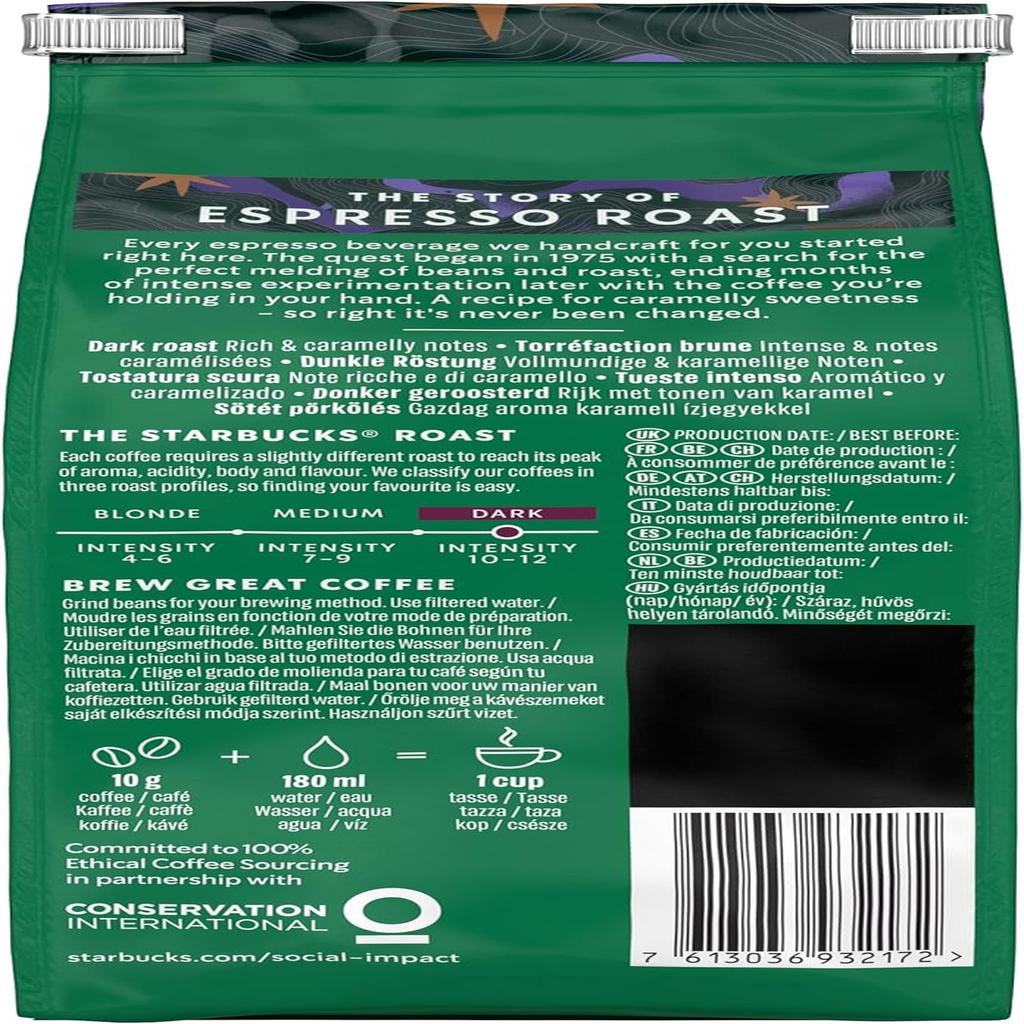 STARBUCKS Espresso Roast, Dark Roast, Whole Coffee Beans 200 g (Pack of 6)