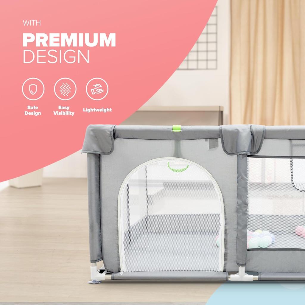 Kidoola Baby Playpen with Padded Frame & Mesh Walls, Balls & Pull Rings Included, for Indoor & Outdoor Use, Toddler Fence - Breathable Mesh, Extra Large Play Yard for Babies Unisex (127x127x65cm)