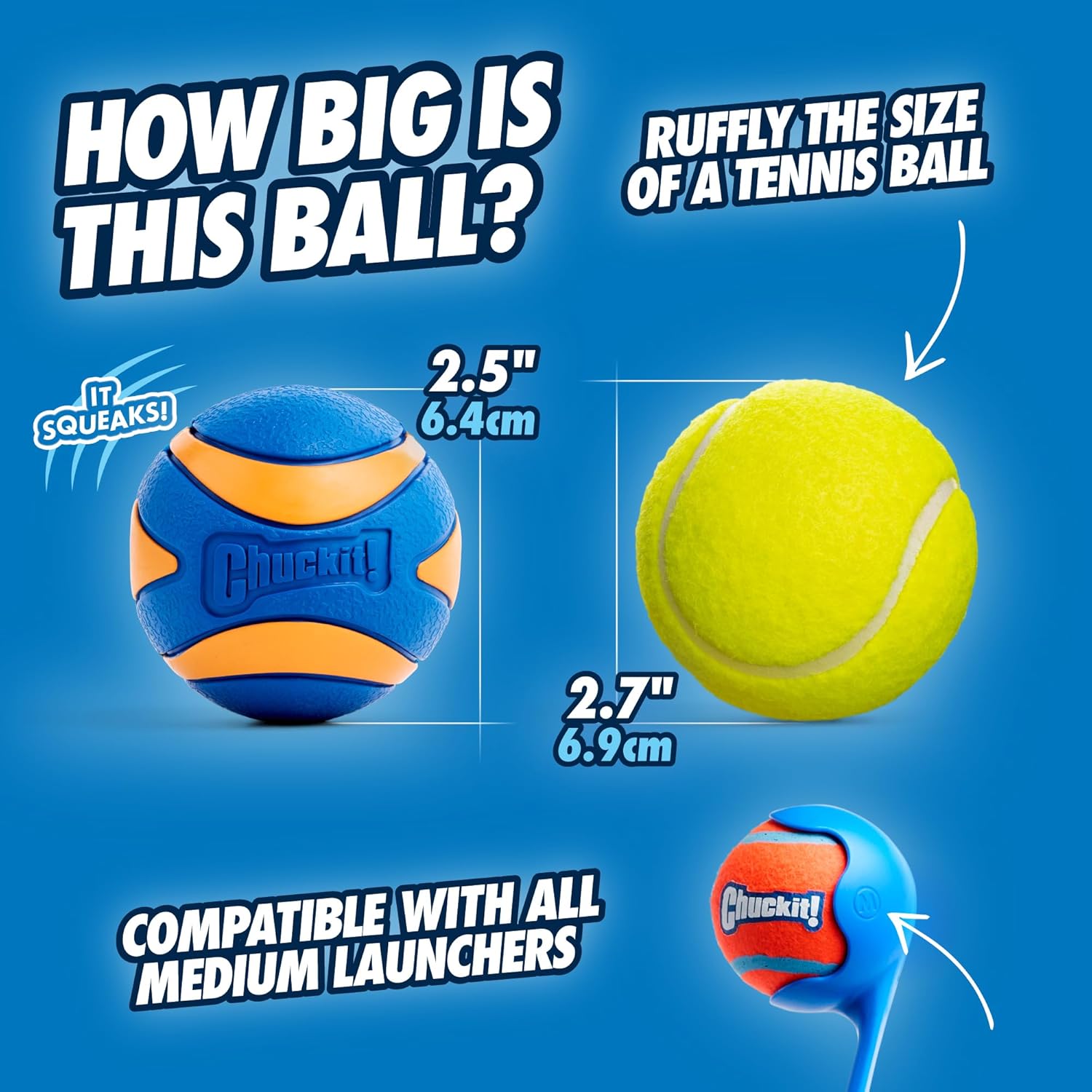 ChuckIt! Ultra Squeaker Ball Dog Toy, Durable High Bounce Floating Rubber Squeaky Dog Ball, Launcher Compatible Toy For Dogs, 2 Pack, Medium
