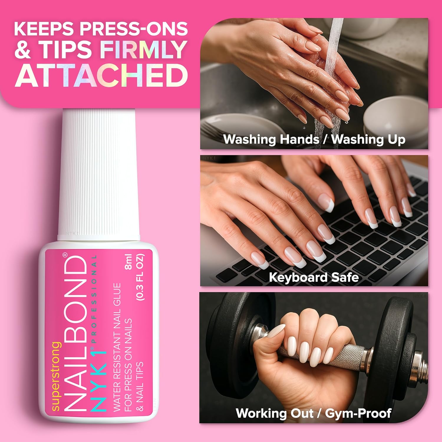 Super Strong Nail Glue for Press On Nails, Tips & False Nails (8ml) NYK1 NailBond Brush On Nail Glue Extra Strong for Press Ons, Tips & Acrylics - Long Lasting, Maximum Strength, Mess-Free Application