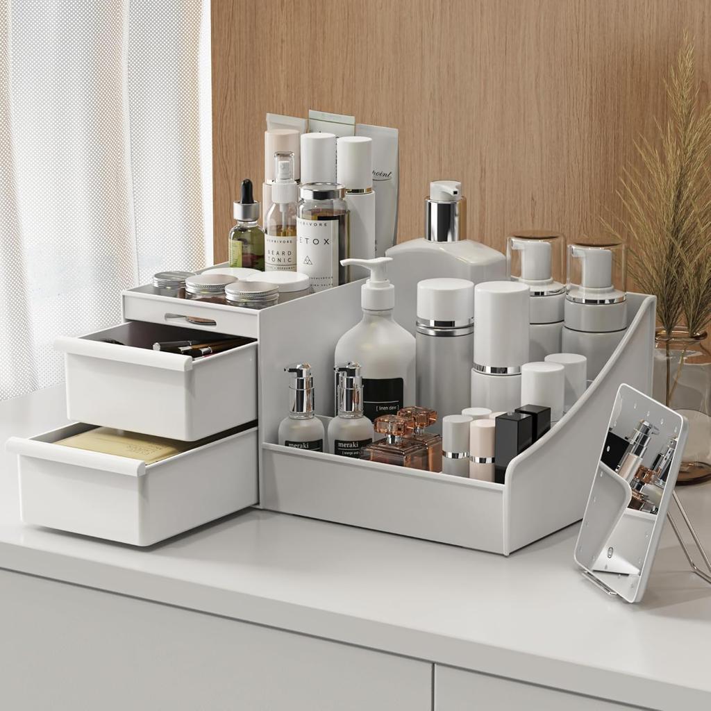 DancesCat Makeup Organizer Storage Drawers, Large Capacity Cosmetic Organisers for Lipsticks, Jewelry, Nail Care, Skincare Organiser for Vanity, Ideal Desk Organizer for Dresser and Bathroom (White)