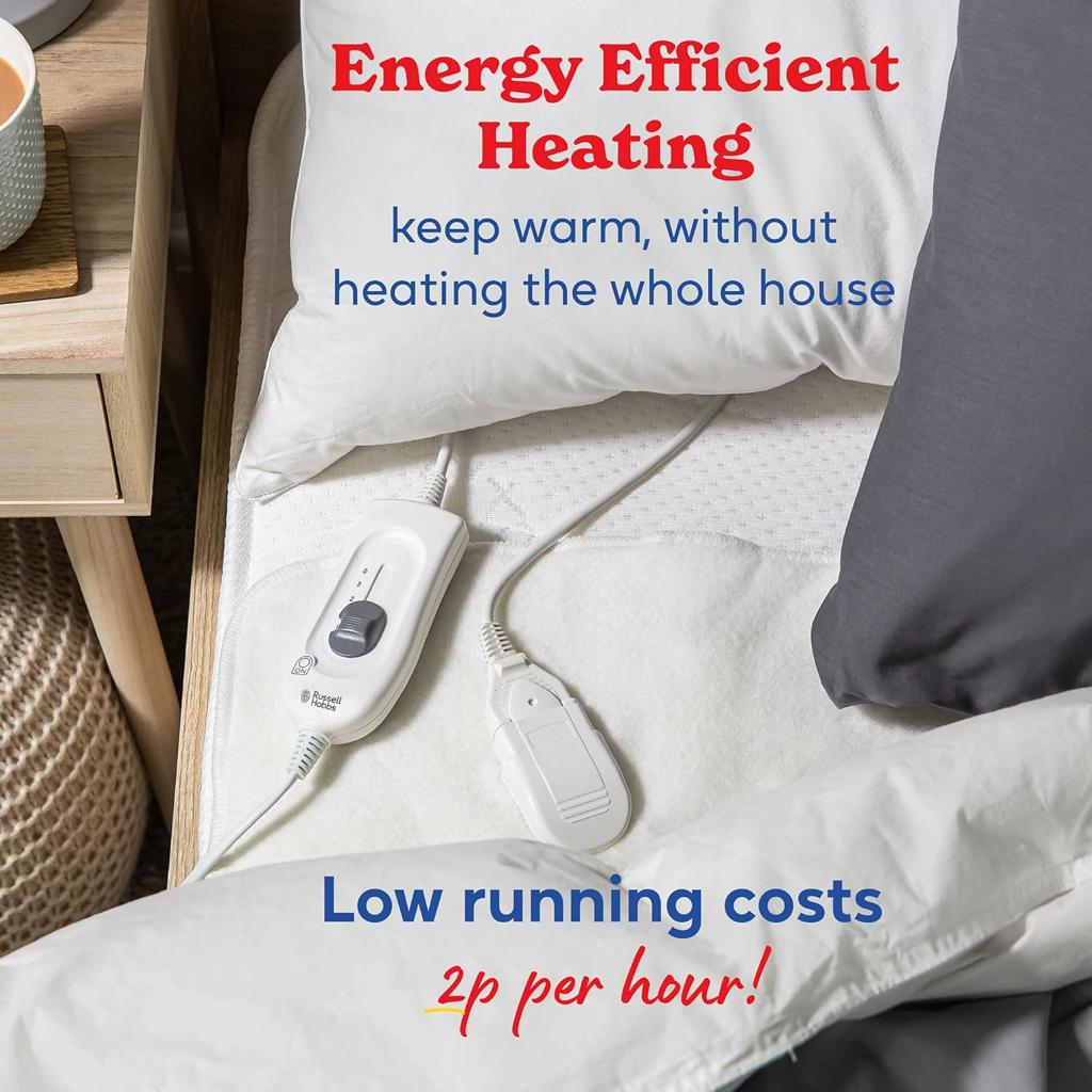 Russell Hobbs Electric Blanket, Heated Single Fitted Underblanket, 3 Heat Settings, Low Energy & Energy Efficient, Machine Washable, 70 X 150 cm, 60W, White, RHESB6001, 2 Year Guarantee