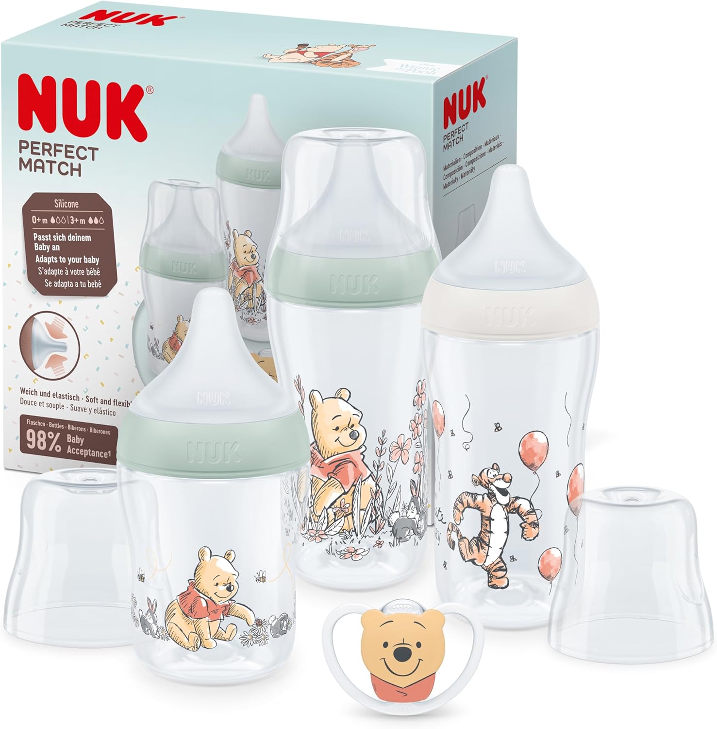 NUK Perfect Match Baby Bottles Set | 0-6+ Months | Adapts to Baby's Palate | 3 x Anti Colic Baby Bottles & Space Soother | BPA-Free | Disney Winnie the Pooh | 4 Count
