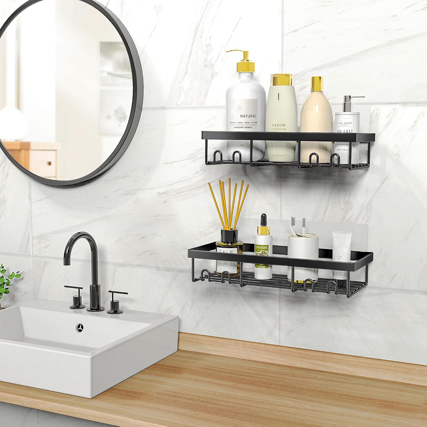 DIFULI Shower Caddy Shelf Organiser 2 Pack, No Drill Black Shower Shelves,Self Adhesive Bathroom Storage Accessories