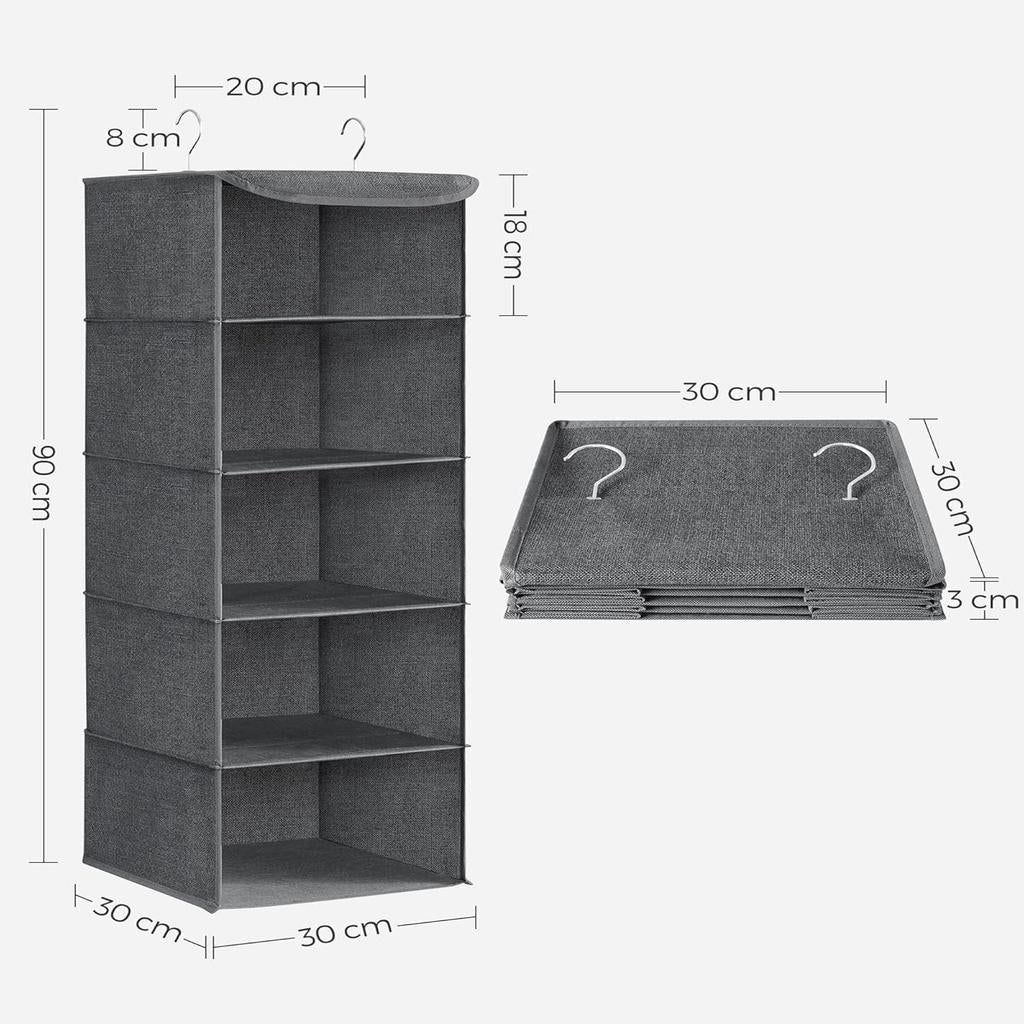 SONGMICS Hanging Organizer, Closet Organizer, Hanging Shelf, Hanging Storage, Foldable and Space-Saving, Metal Hooks and Bamboo Inserts, Linen-Like Texture, Gray RYCH06G