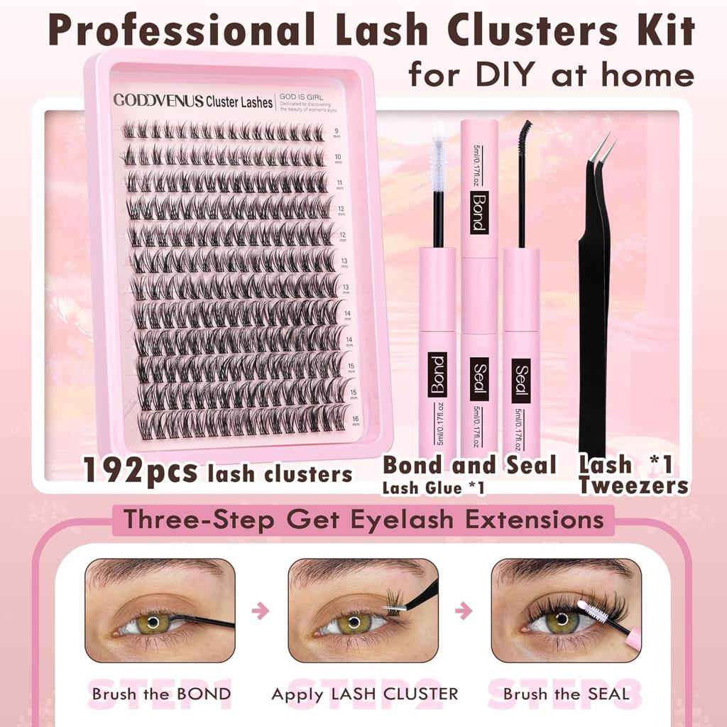 Goddvenus Individual Eyelashes Wispy Lash Clusters Kit D Curl Eyelashes Individual Kit Natural Lash Extension Kit with Russian Cluster Lashes Glue Bond and Seal and Lash Tweezers (D Curl 192pcs)