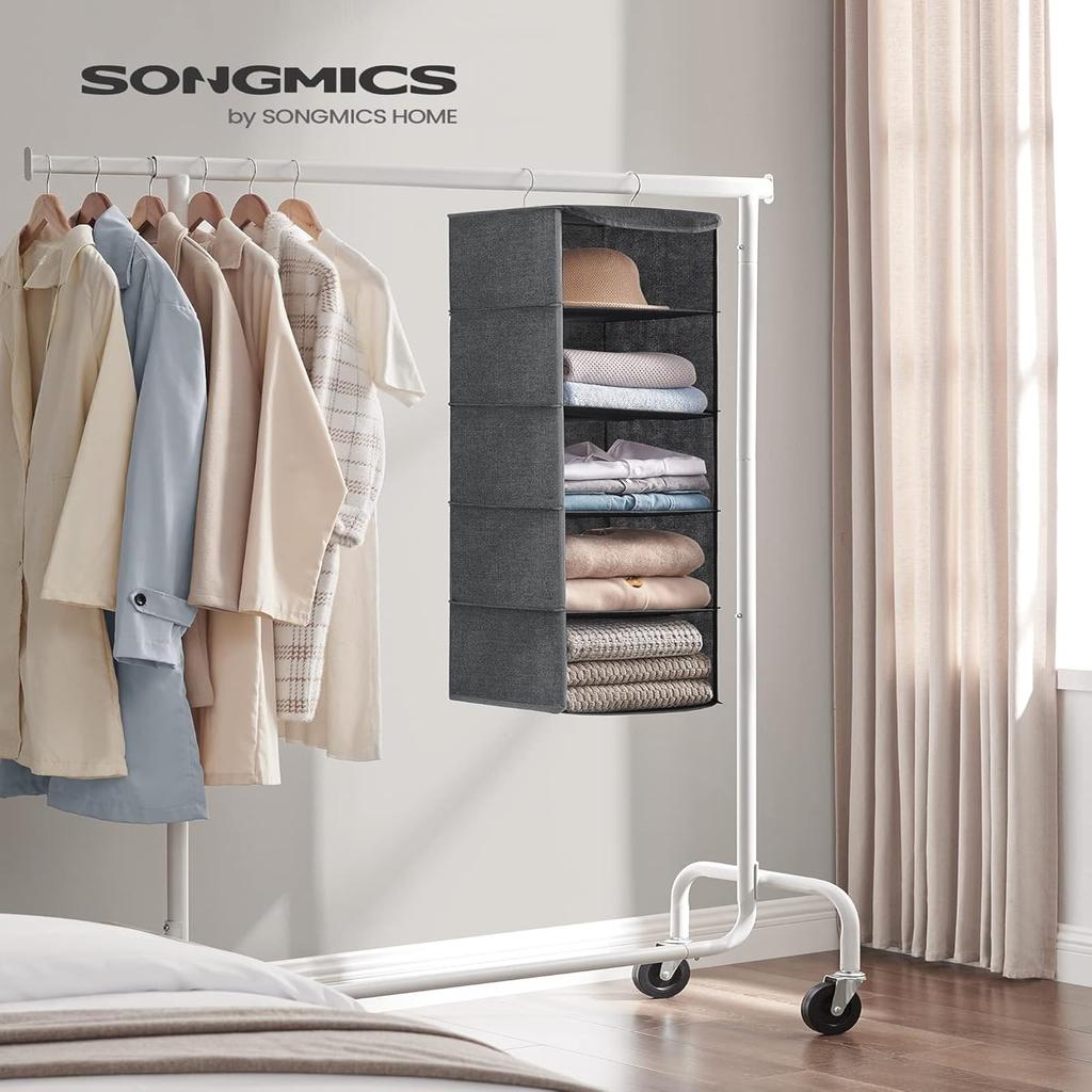SONGMICS Hanging Organizer, Closet Organizer, Hanging Shelf, Hanging Storage, Foldable and Space-Saving, Metal Hooks and Bamboo Inserts, Linen-Like Texture, Gray RYCH06G