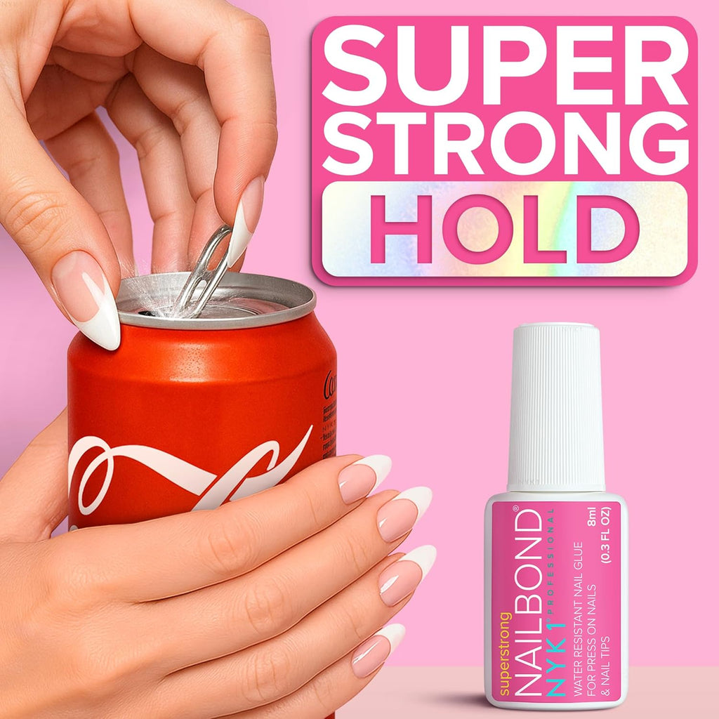 Super Strong Nail Glue for Press On Nails, Tips & False Nails (8ml) NYK1 NailBond Brush On Nail Glue Extra Strong for Press Ons, Tips & Acrylics - Long Lasting, Maximum Strength, Mess-Free Application