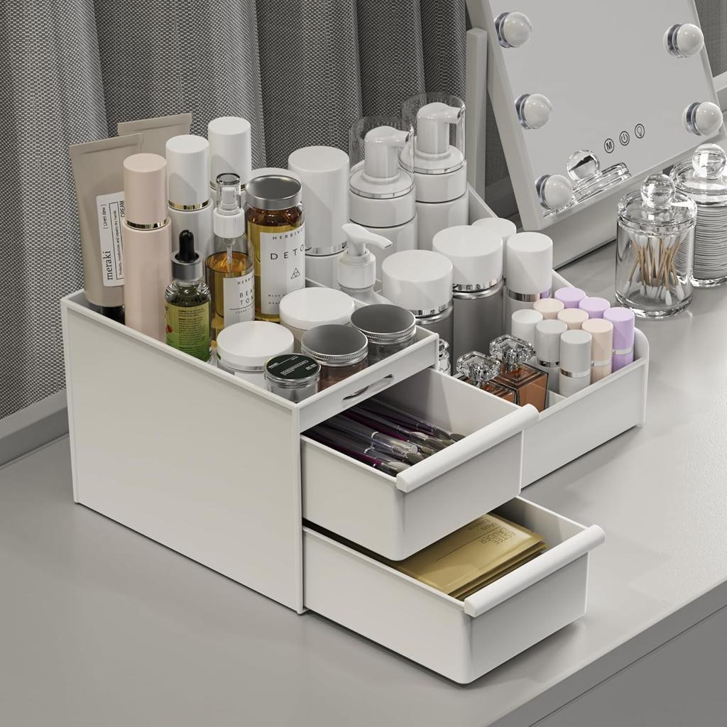 DancesCat Makeup Organizer Storage Drawers, Large Capacity Cosmetic Organisers for Lipsticks, Jewelry, Nail Care, Skincare Organiser for Vanity, Ideal Desk Organizer for Dresser and Bathroom (White)