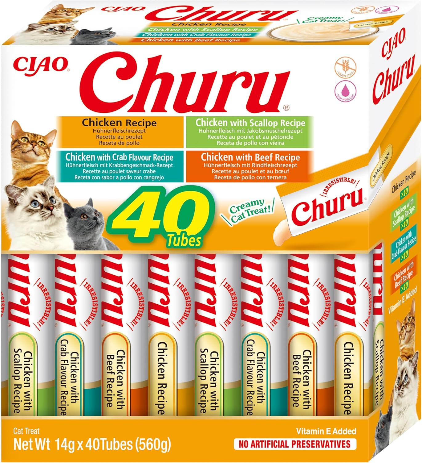 INABA Churu by INABA Cat Treat - Chicken Variety Box - 1 Pack (40 x 14g total) / Soft & Creamy Cat Treat, Delicious & Healthy Snack, Purée Food Topper, Natural, Grain Free