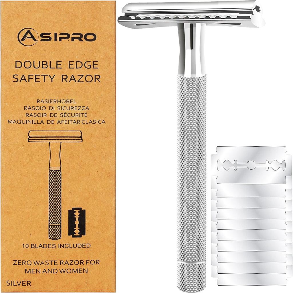 ASIPRO Double Edge Safety Razor for Men Women +10 Double Edge Safety Razor Blades Reusable Metal Razor Double Edge Razor Safety Razor Kit Single Blade Razors for Women & Men Gift Stainless Steel Razor
