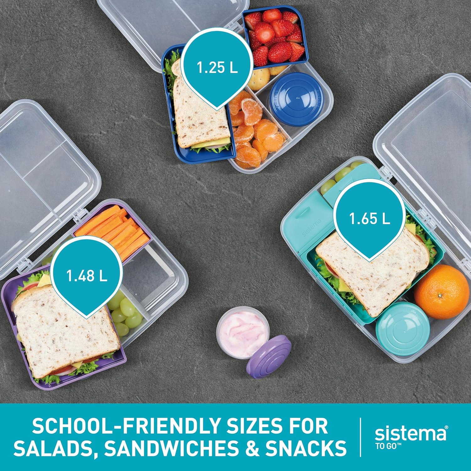 Sistema Bento Box TO GO | Lunch Box with Yoghurt/Fruit Jar | 1.65 Litre | BPA Free | Aqua Green