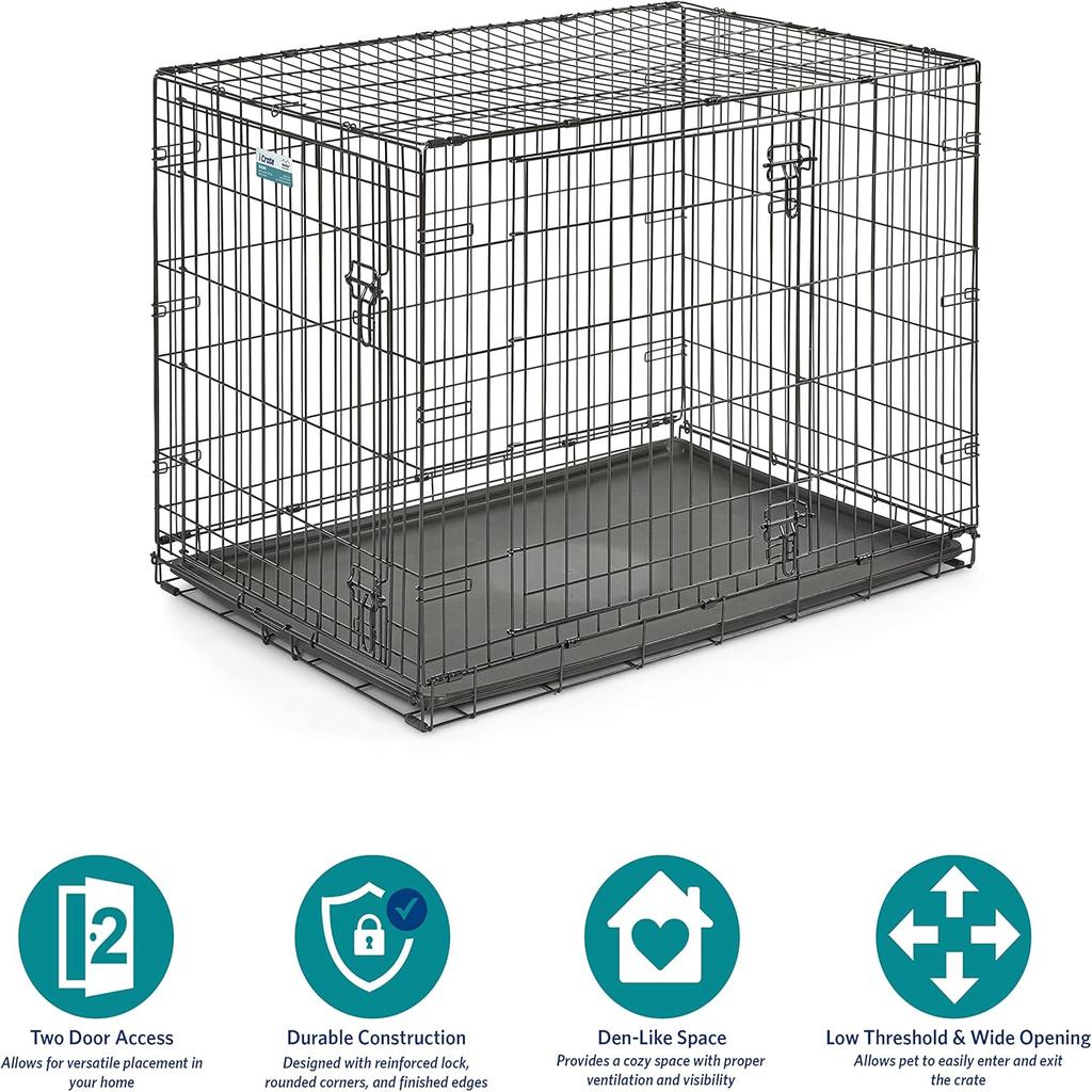 MidWest Homes for Pets Newly Enhanced Double Door iCrate 106.68 cm (42-Inch) Long Dog Crate, Includes Leak-Proof Pan, Floor Protecting Feet, Divider Panel & New Patented Features, Black, Model 1542DDU
