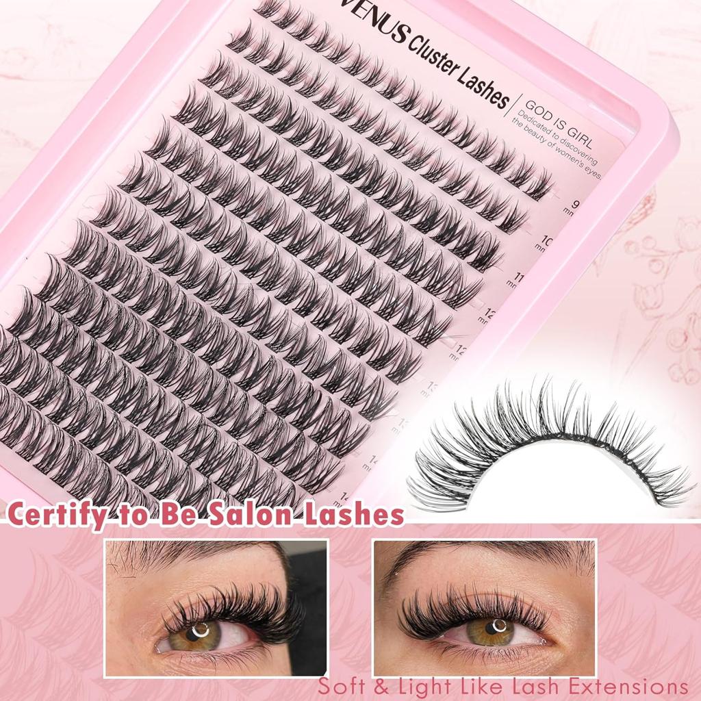 Goddvenus Individual Eyelashes Wispy Lash Clusters Kit D Curl Eyelashes Individual Kit Natural Lash Extension Kit with Russian Cluster Lashes Glue Bond and Seal and Lash Tweezers (D Curl 192pcs)