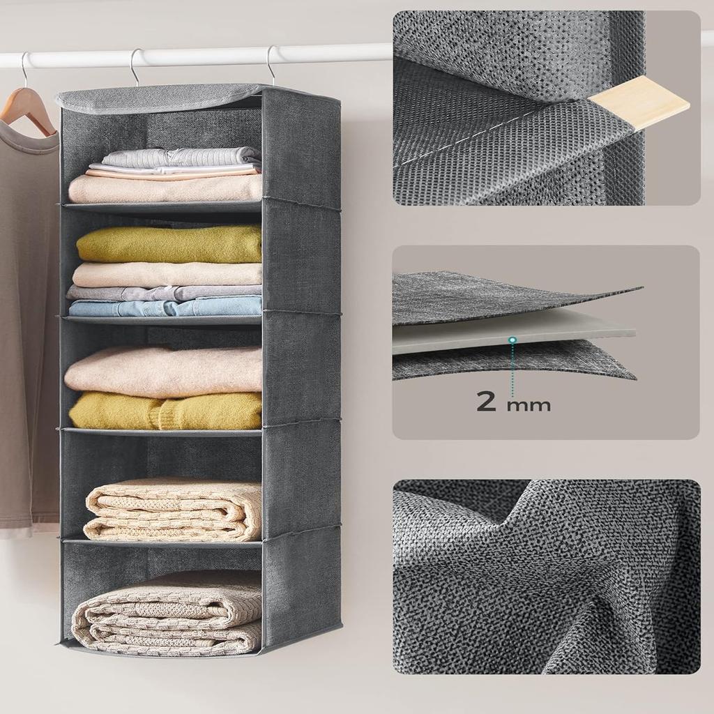 SONGMICS Hanging Organizer, Closet Organizer, Hanging Shelf, Hanging Storage, Foldable and Space-Saving, Metal Hooks and Bamboo Inserts, Linen-Like Texture, Gray RYCH06G