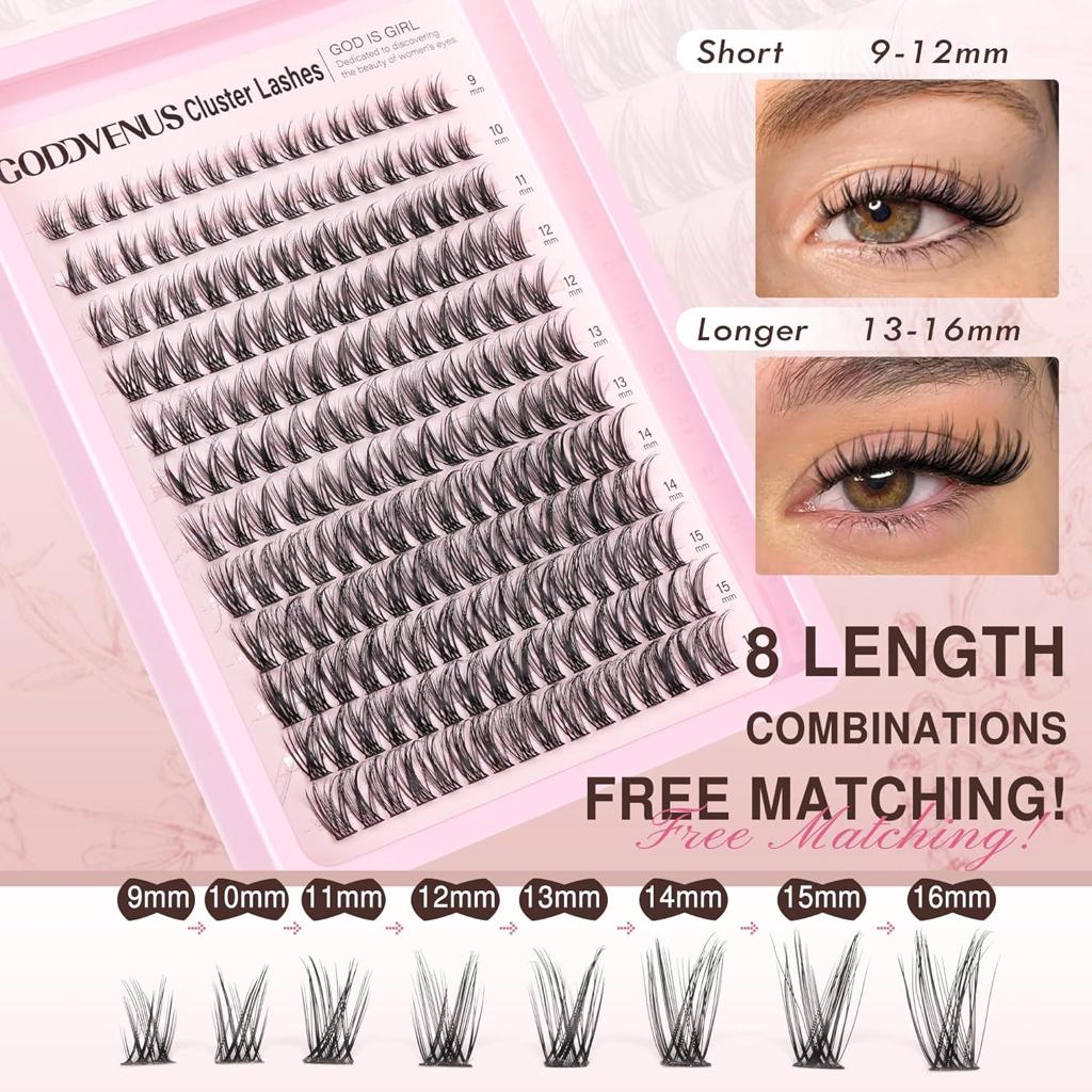Goddvenus Individual Eyelashes Wispy Lash Clusters Kit D Curl Eyelashes Individual Kit Natural Lash Extension Kit with Russian Cluster Lashes Glue Bond and Seal and Lash Tweezers (D Curl 192pcs)