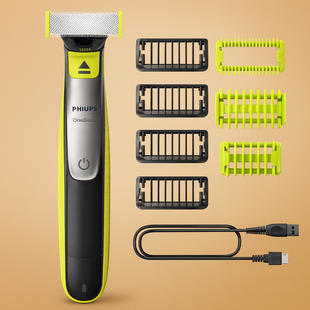 Philips OneBlade 360 Authentic Face & Body Electric Beard Trimmer, Shaver and Body Groomer, 3X 360 Blades, 4X Stubble Comb (1,2,3,5mm), 1x Body Kit, QP2834/31