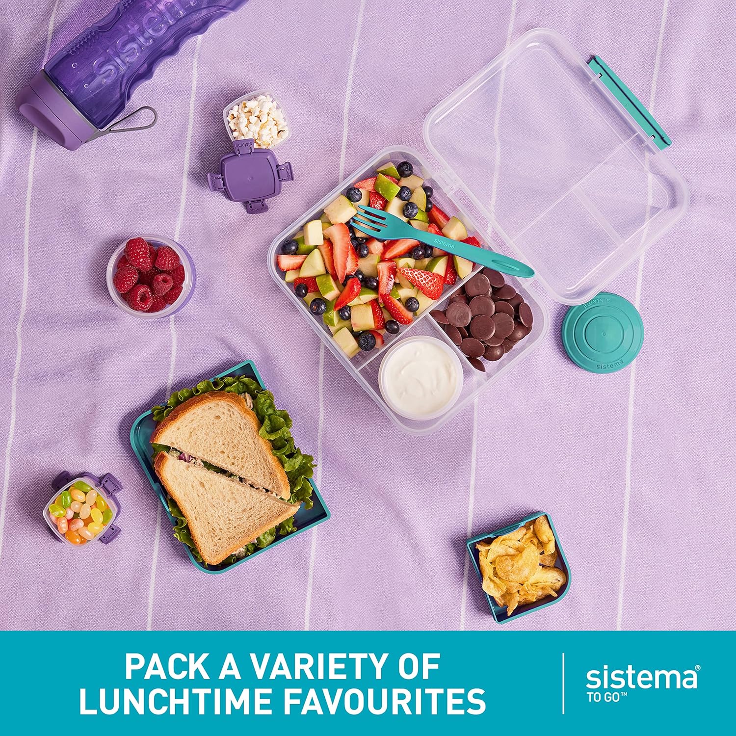 Sistema Bento Box TO GO | Lunch Box with Yoghurt/Fruit Jar | 1.65 Litre | BPA Free | Aqua Green