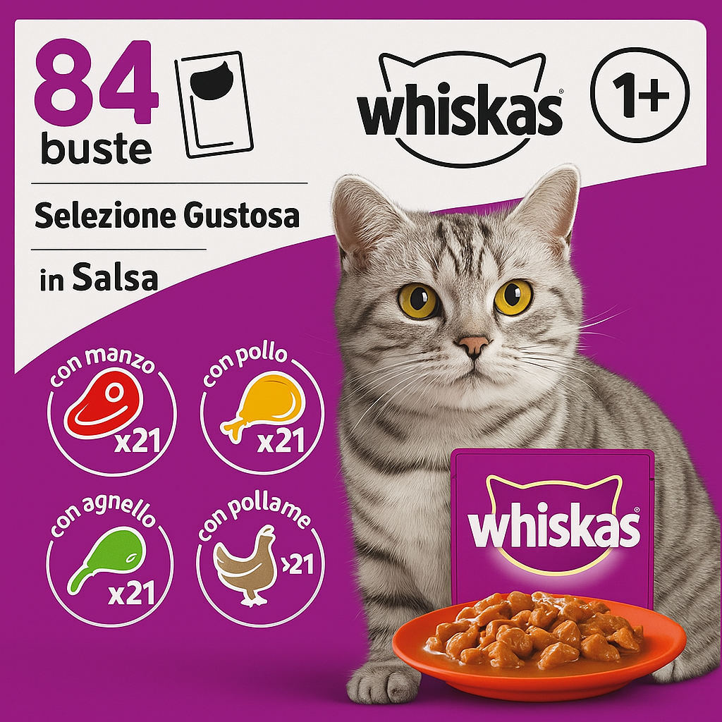 WHISKAS Cat Meal 84 Freshness Sachets of 85 g – Adult Cat Food in Sauce – Classic Meals (4 Varieties)