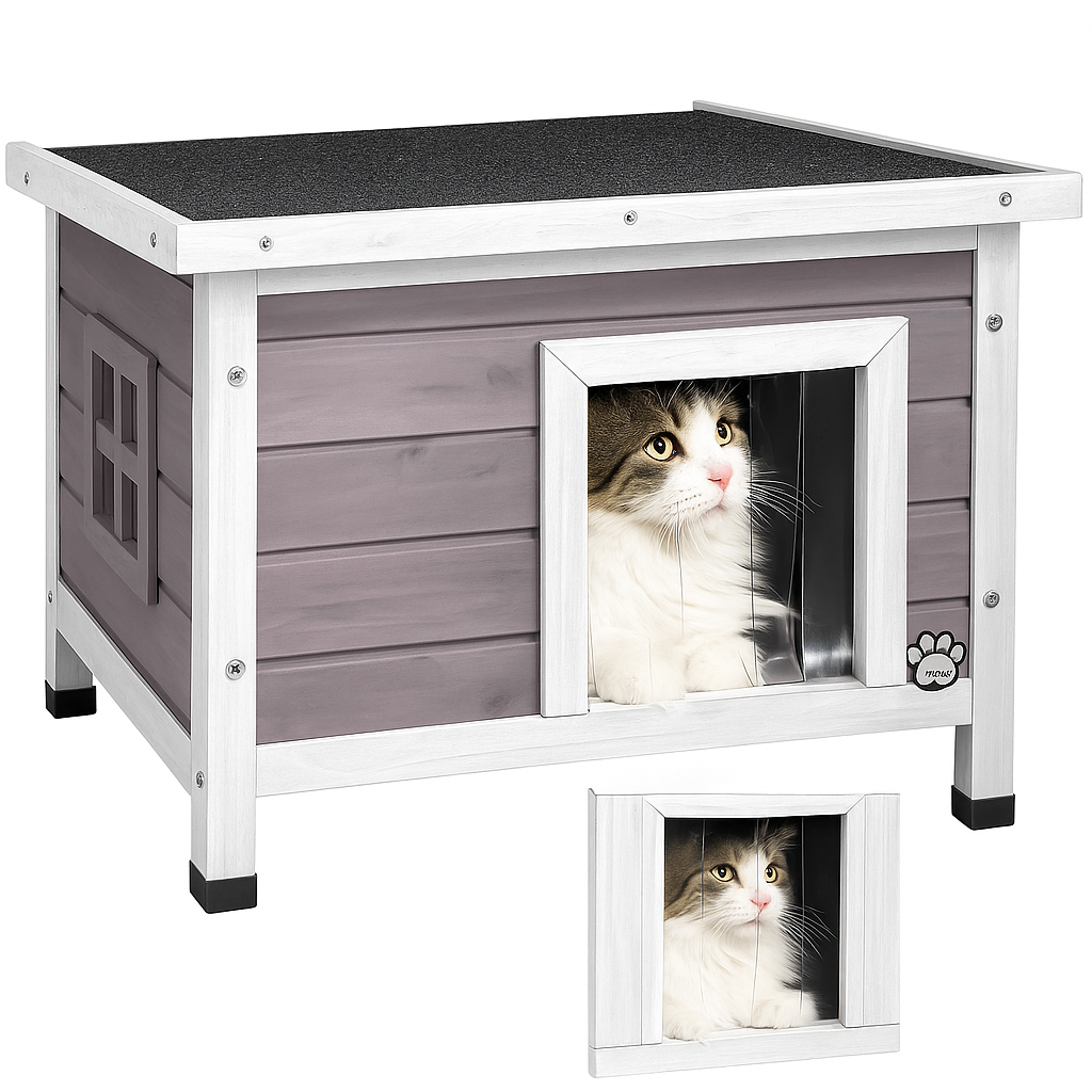 VOUNOT Cat House Outdoor with Kennel Door Privacy Window Cat Wooden Shelter 57x45x43cm, Grey