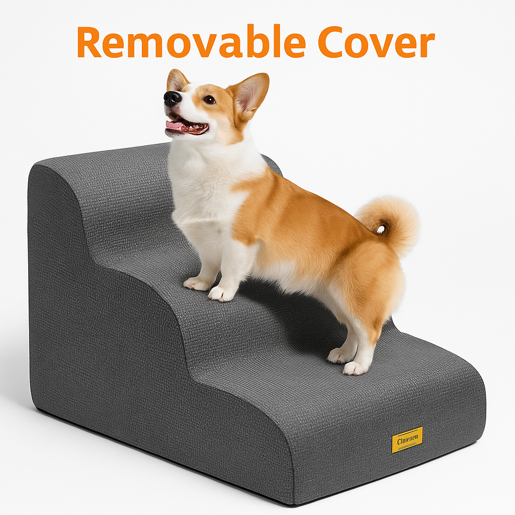 Gimars 30D High-Density Foam & Extra-Wide, Stable 3-Step Dog Stairs, 40cm High Pet Stairs with Washable Cover & Non-Slip Base, Portable Ramp for Small Dogs to Sofa, Bed, Couch, Car