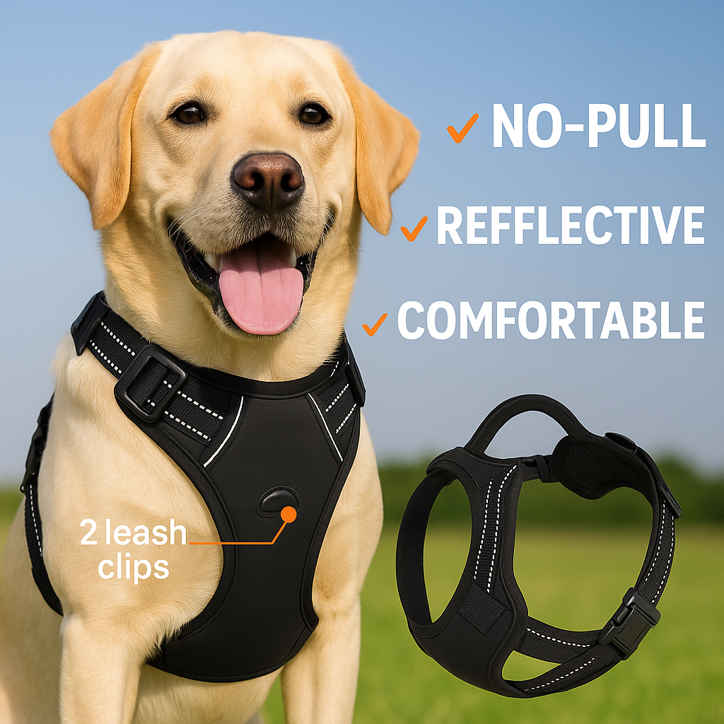 rabbitgoo Dog Harness Large Dog No Pull Pet Harness with 2 Leash Clips, Adjustable Soft Padded Pet Vest Harness, Reflective No-Choke with Easy Control Handle for Training or Walking, Black, L