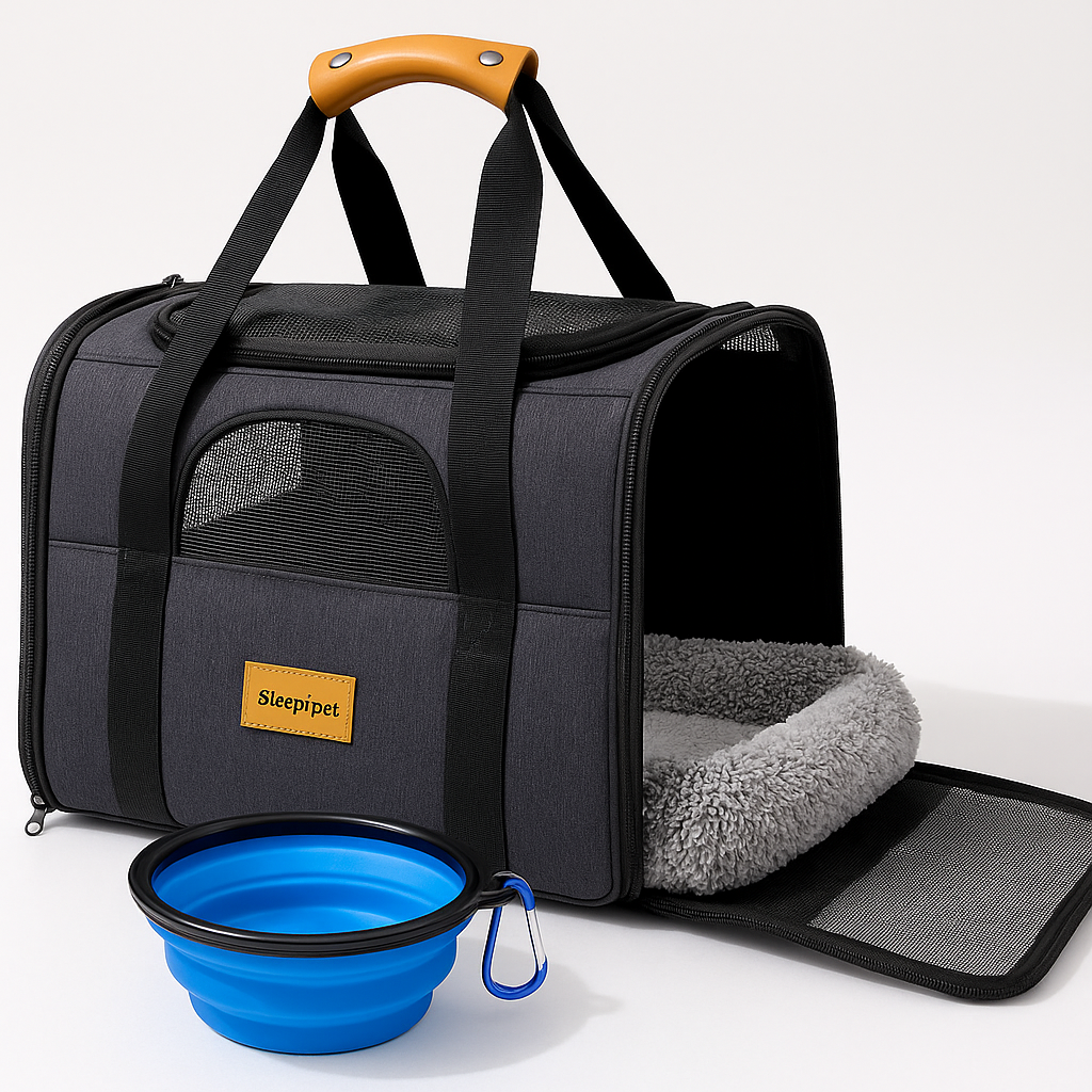Morpilot Portable Pet Carrier Bag, Top Opening, Removable Mat and Breathable Mesh, Foldable Transport Carrier for Dogs and Cats, with Shoulder Strap and Pet Bowl, Grey