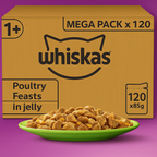 Whiskas 1+ Adult Wet Cat Food Poultry Selection in Jelly 120 x 85g Pouches Megapack, Tender Cuts in Flavoured Gravy, Nutritionally Complete, Easy to Serve, Variety Pack for Adult Cats