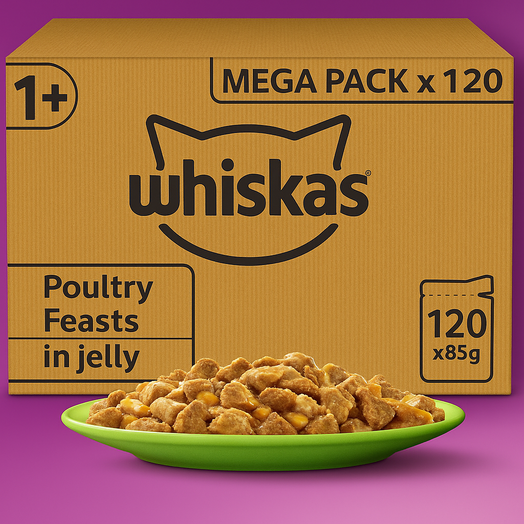 Whiskas 1+ Adult Wet Cat Food Poultry Selection in Jelly 120 x 85g Pouches Megapack, Tender Cuts in Flavoured Gravy, Nutritionally Complete, Easy to Serve, Variety Pack for Adult Cats