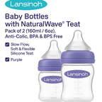 Lansinoh Baby Bottle Pack of 2 with NaturalWave Teat (160 ml), Anti-colic, Plastic 100% BPA & BPS free, Slow Flow silicone teat which is soft and flexible, purple