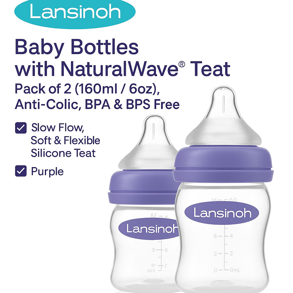Lansinoh Baby Bottle Pack of 2 with NaturalWave Teat (160 ml), Anti-colic, Plastic 100% BPA & BPS free, Slow Flow silicone teat which is soft and flexible, purple
