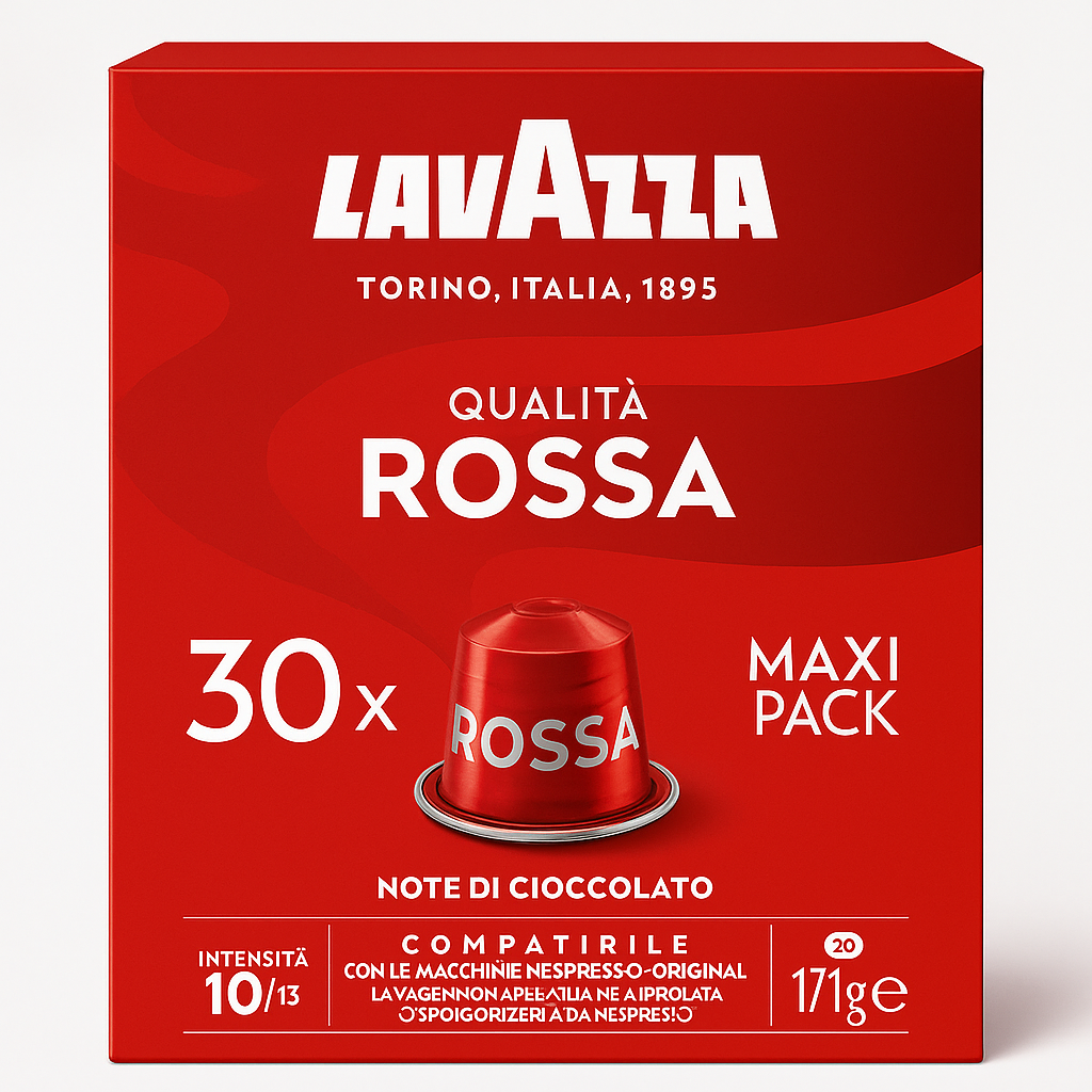 Lavazza, Qualità Rossa, 30 Aluminium Capsules Compatible with Nespresso Original Machines, with Chocolate and Dried Fruit Notes, Arabica and Robusta, Intensity 10/13, Medium Roasting