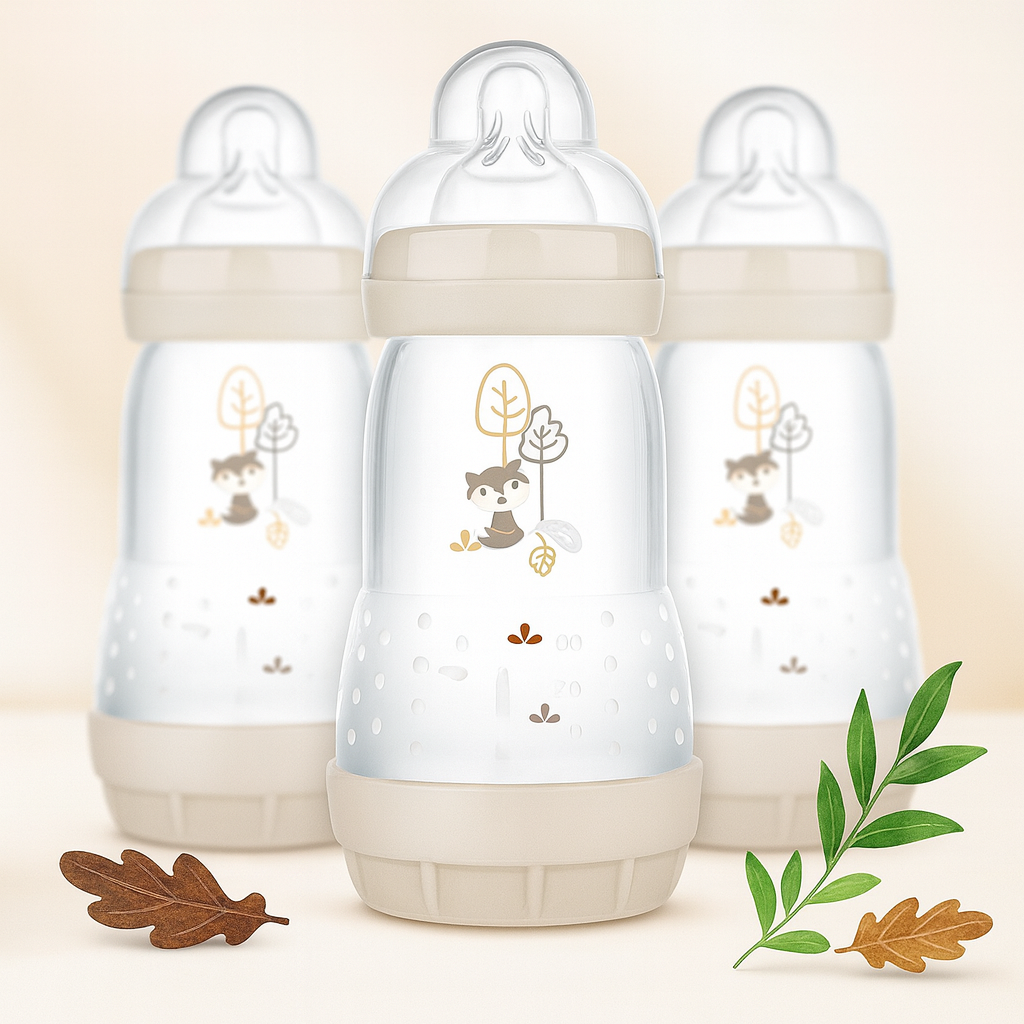 MAM Easy Start Self Sterilising Anti-Colic Bottle Pack of 3 (3 x 260 ml), MAM Baby Bottles with Medium Flow Teats, Essentials for Baby Feeding, Ivory (Designs May Vary)