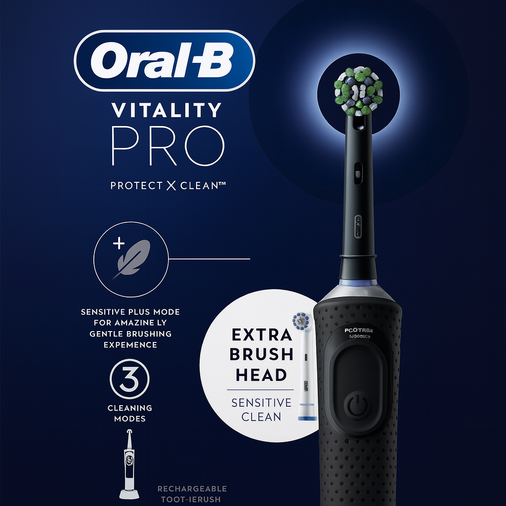 Oral-B Vitality Pro Electric Toothbrushes for Adults, for Him/Her, 1 Handle, 2 Toothbrush Heads 3 Brushing Modes Including Sensitive Plus, UK Plug 2 Pin, Black (Packaging May May Not Be in English)