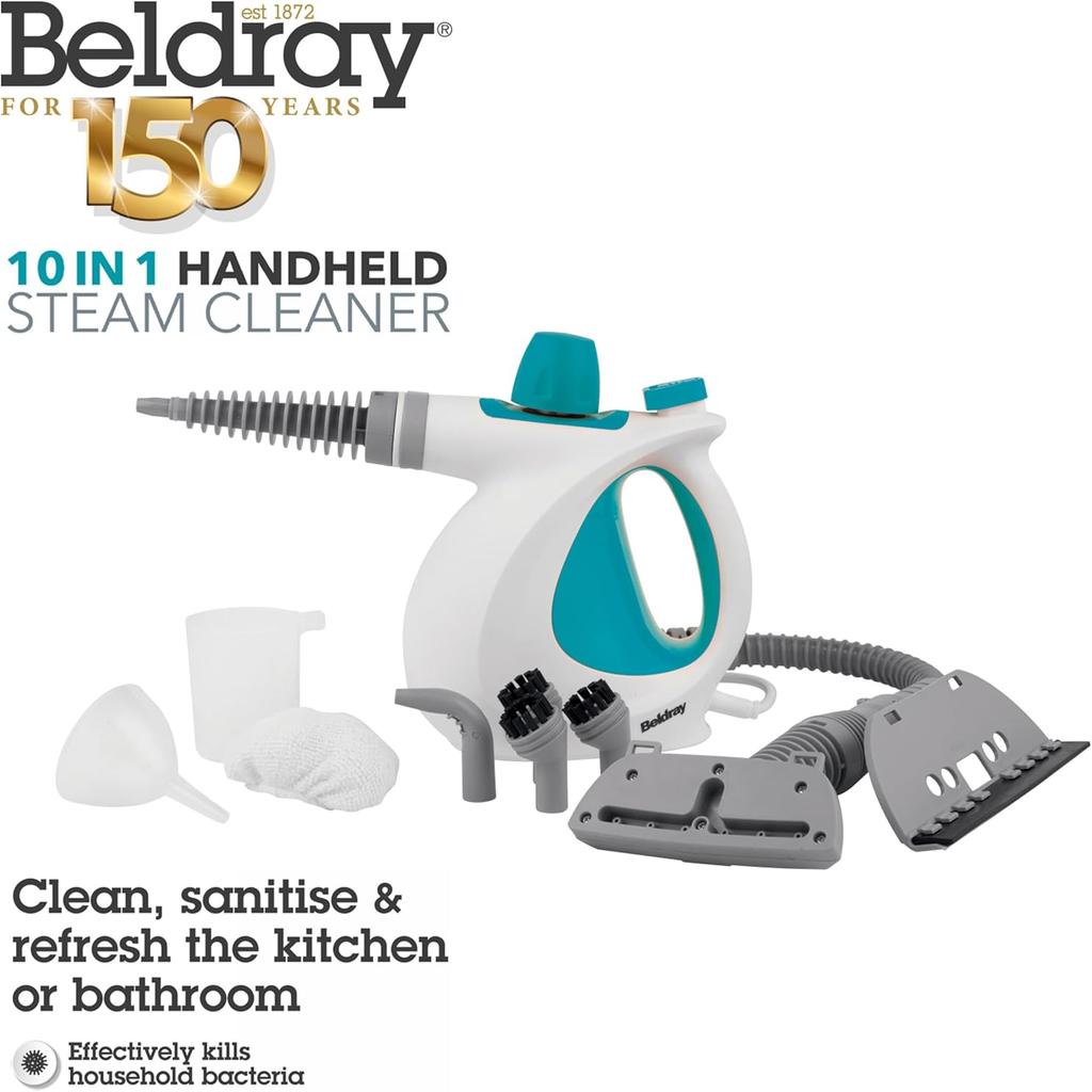 eldray BEL0701TQN 10-in-1 Handheld Steam Cleaner - Clean, Sanitise & Refresh Surfaces, Tiles, Mirrors & Windows, Chemical Free Cleaning, Includes Nozzles, Brushes, Upholstery Head & Squeegee, 1000W
