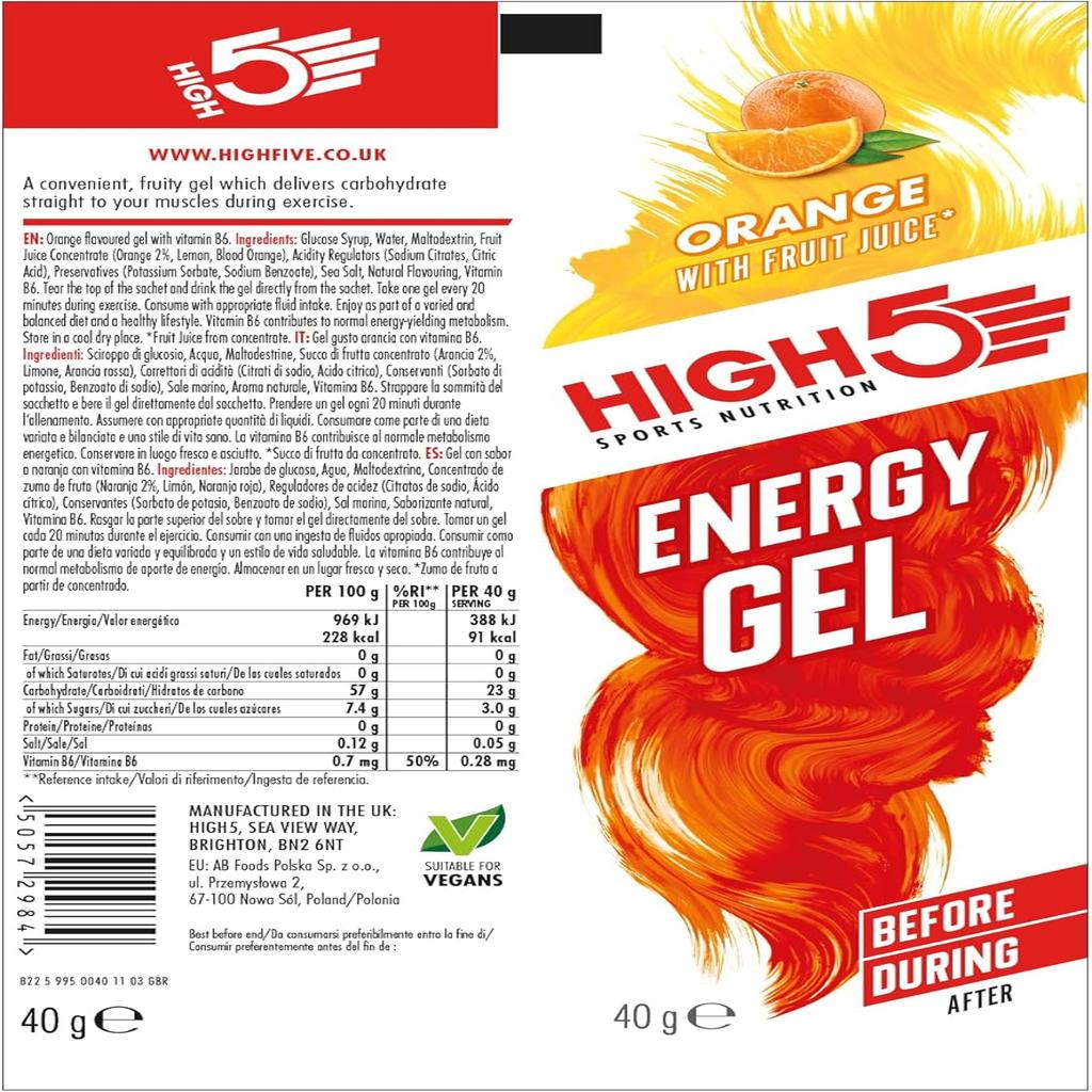 HIGH5 Running Gels Energy - Running Essentials for Quick Release Energy - Natural Fruit Juice & Caffeine-Free - Ideal as Running Equipment, Cycling Supplements, Marathon Training (Orange, 20 x 40g)