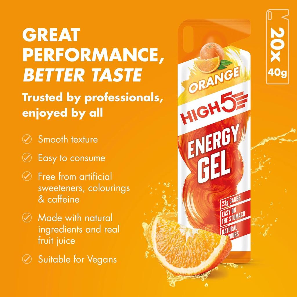 HIGH5 Running Gels Energy - Running Essentials for Quick Release Energy - Natural Fruit Juice & Caffeine-Free - Ideal as Running Equipment, Cycling Supplements, Marathon Training (Orange, 20 x 40g)