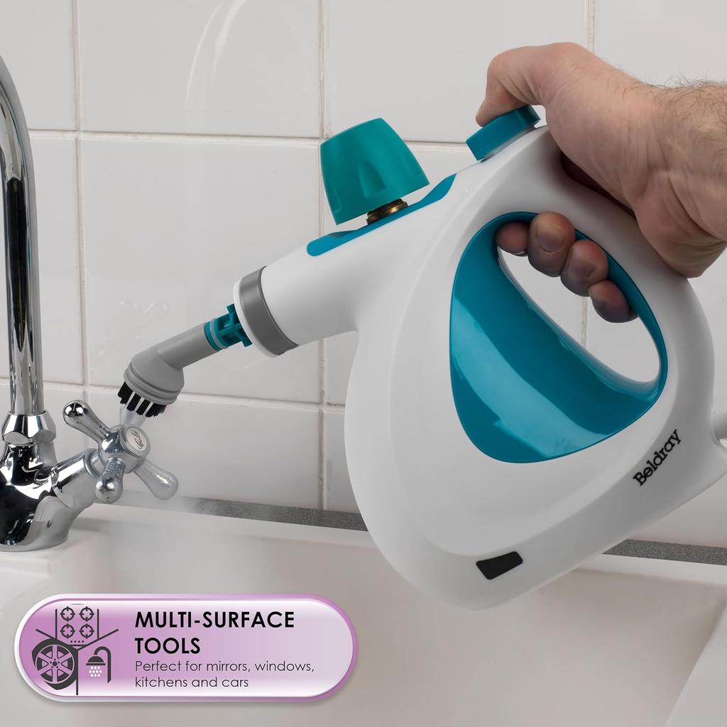 eldray BEL0701TQN 10-in-1 Handheld Steam Cleaner - Clean, Sanitise & Refresh Surfaces, Tiles, Mirrors & Windows, Chemical Free Cleaning, Includes Nozzles, Brushes, Upholstery Head & Squeegee, 1000W